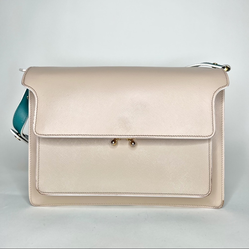 Marni Large Accordion Shoulder Bag Cream Teal Trunk Purse Leather Flap Front